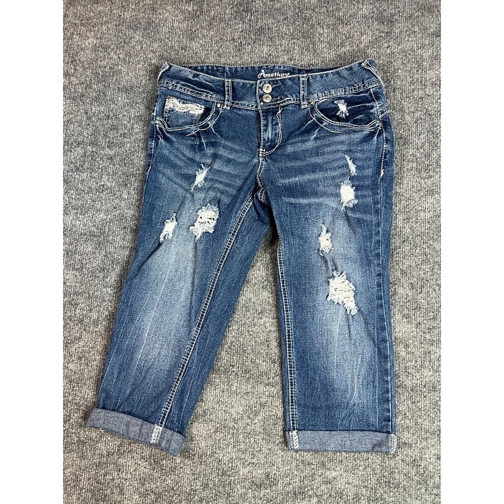 Amethyst Jeans Juniors 9 Distressed Cuffed Capri Crop Blue Stretch Denim
